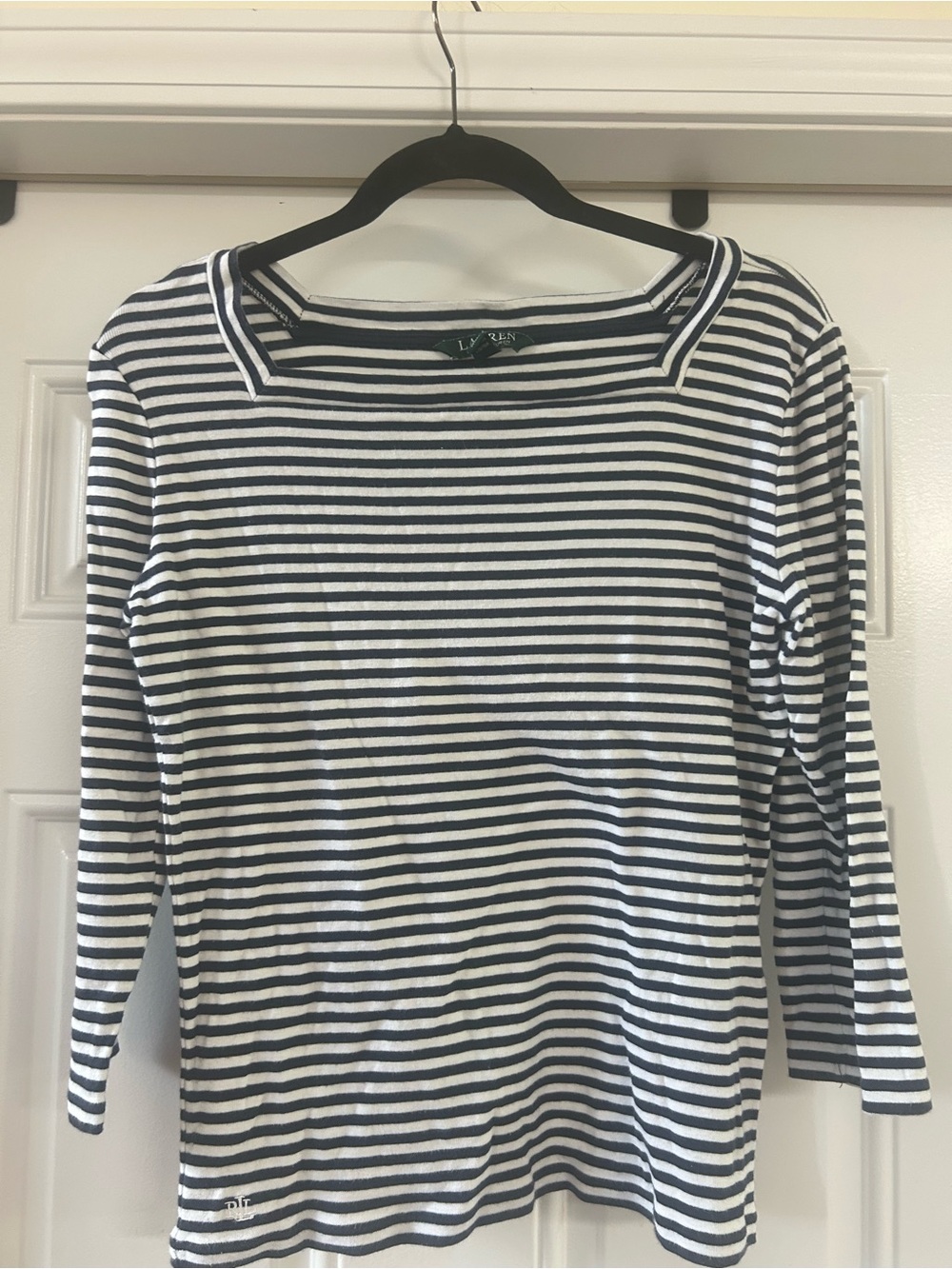 Lauren Ralph Lauren Navy & White Striped Boatneck Long Sleeve Top